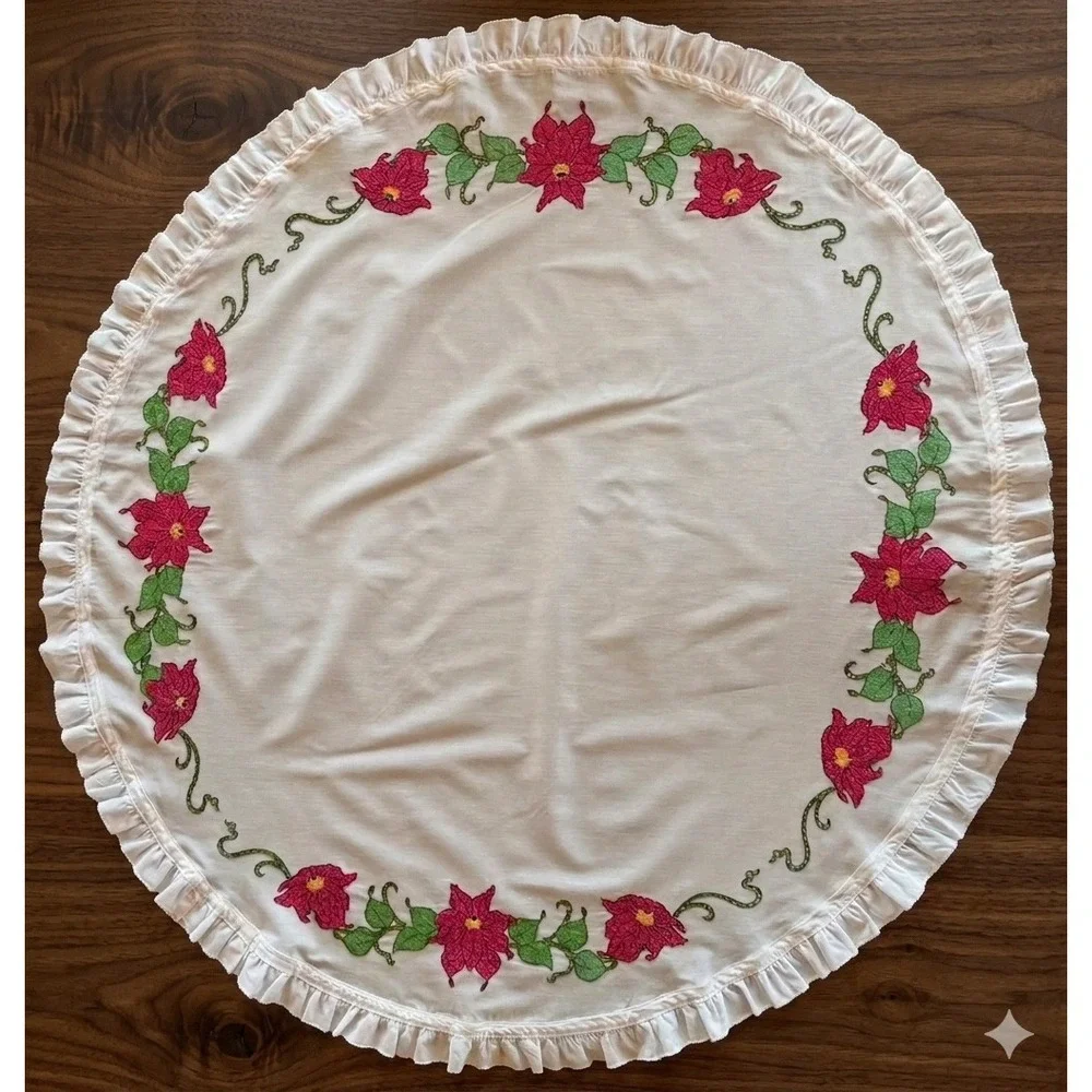 Vintage Christmas Round Tablecloth Pink Poinsettia‎ Embroidered Ruffle White 42